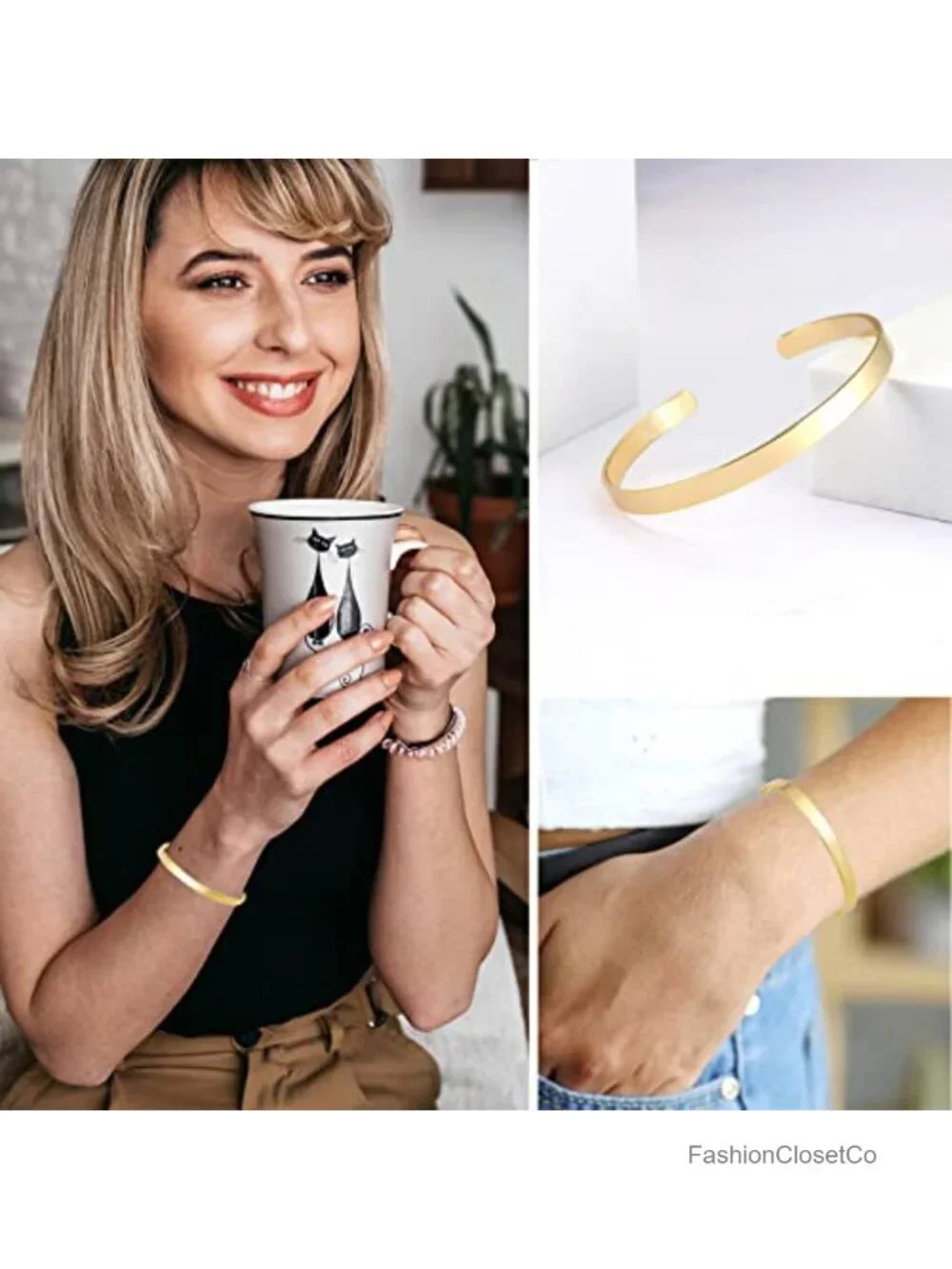 14K Gold Plated Adjustable Cuff Bracelet Chunky Bangle Non Tarnish